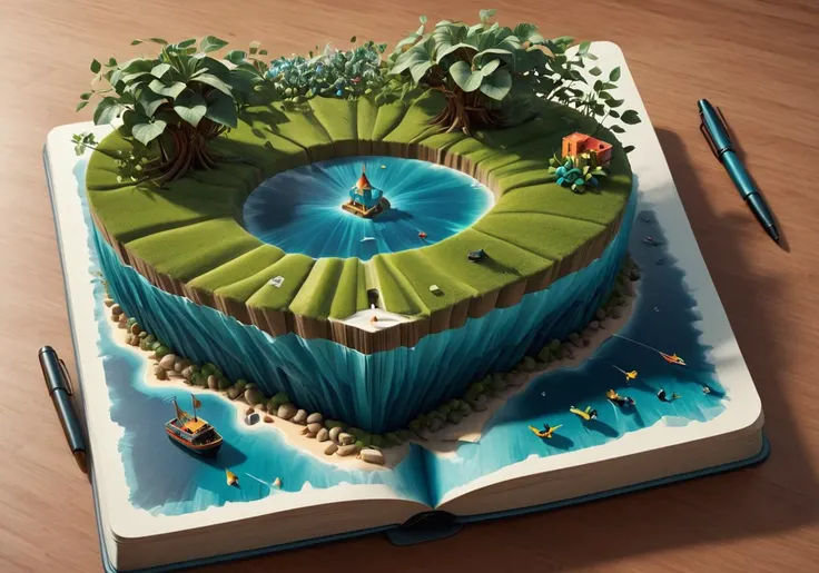 Surrealist art (Digital Artwork:1.3) of (Illustration:1.3) <lora:Book_FFusion:1> 3d book art - a book with a 3d printed island, 3 d epic illustrations, fantasy book illustration, 3 d illutration, trend on behance 3 d art, trend on behance 3d art, anamorphic illustration, detailed digital 3d art, 3d illustration, 3 d illustration, surreal 3 d render, detailed book illustration,CGSociety,ArtStation,(Abstract Art:1.3),(Surrealism Art:1.3),(Geometric Abstract Art:1.3),naturalism,land Art,regionalism,shutterstock contest winner,trending on unsplash,featured on Flickr . Dreamlike, mysterious, provocative, symbolic, intricate, detailed