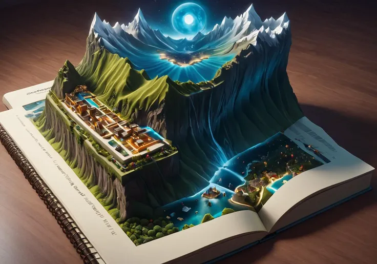 Surrealist art (Digital Artwork:1.3) of (Masterpiece:1.3) <lora:Book_FFusion:1> a book with a mountain in the middle of it, 3 d epic illustrations, 3 d illutration, detailed digital 3d art, intricate 3 d illustration, trend on behance 3d art, trend on behance 3 d art, 3d digital art 4k, cool 3d visualisation, 3 d digital art, 3d digital art,CGSociety,ArtStation,(Abstract Art:1.3),(Surrealism Art:1.3),(Abstract Illusionism:2),naturalism,land Art,regionalism,shutterstock contest winner,trending on unsplash,featured on Flickr . Dreamlike, mysterious, provocative, symbolic, intricate, detailed