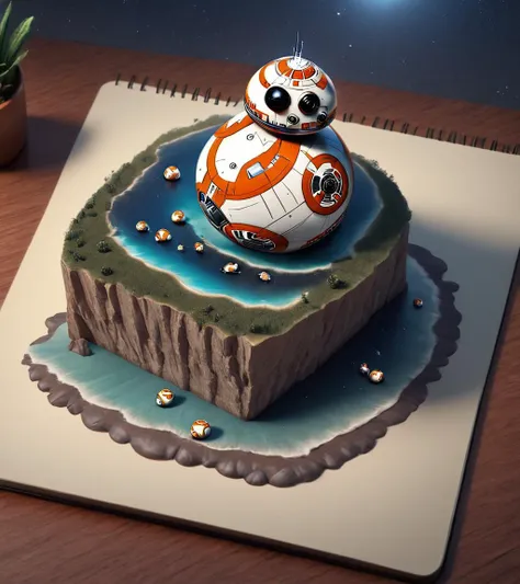 Surrealist art <lora:Book_FFusion:1> <lora:Book_FFusion_32:0.21> <lora:FF-Style-Dall-e-FFusion-Surrealism:0.3> a star wars bb-8 is sitting on top of a notebook, 3 d epic illustrations, ultra realistic 3d illustration, 3 d render beeple, 3 d hyper realistic render, cute 3 d render, hyper realistic 3 d render, adventure hyper realistic render, 3d illustration, 3 d illustration, by Alexander Robertson, highly detailed illustration, hyperrealistic illustration . Dreamlike, mysterious, provocative, symbolic, intricate, detailed