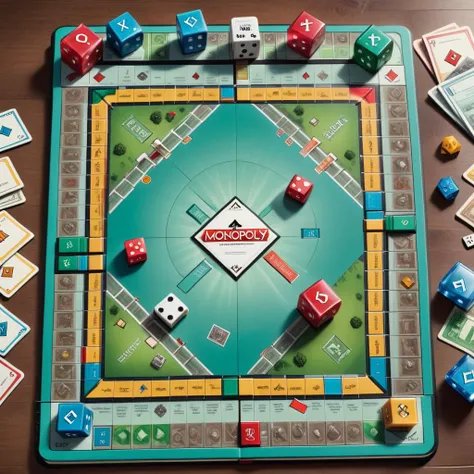 A colorful, top-down view of a Monopoly-inspired computer game board. The interface includes vibrant property squares with animated buildings, chance and community chest cards, currency indicators, and player pieces moving around the board. Detailed icons and buttons for game actions adorn the edges of the screen, providing an interactive experience. The digital board is set against a patterned backdrop, suggesting a textured surface on which the game is played, complete with dice, game tokens, and property cards arranged neatly around the playing area <lora:Book_FFusion:0.8> notebook, book