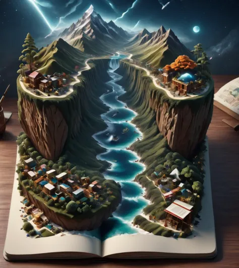 a close up of a book with a mountain scene on it