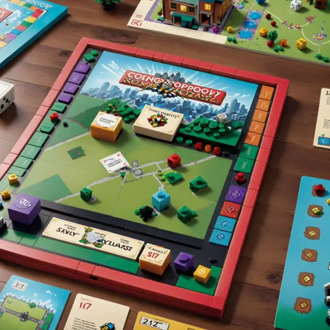 online game,A colorful, top-down view of a Monopoly-inspired computer game board. The interface includes vibrant property squares with animated buildings, chance and community chest cards, currency indicators, and player pieces moving around the board. Detailed icons and buttons for game actions adorn the edges of the screen, providing an interactive experience. The digital board is set against a patterned backdrop, suggesting a textured surface on which the game is played, complete with dice, game tokens, and property cards arranged neatly around the playing area, <lora:Book_FFusion:0.8> notebook, book <lora:lego_v2.0_XL_32:0.8> LEGO BrickHeadz, LEGO MiniFig, LEGO Creator