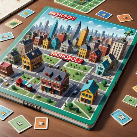 video game,A whimsical digital rendering of a Monopoly-inspired computer game, featuring a colorful, isometric view of a dynamic cityscape. The scene is populated with animated, anthropomorphic characters engaging in various activities: trading, building, and moving along vibrant streets lined with quaint houses and commercial buildings. The interface displays property cards, currency, and game pieces, all arranged neatly around the board, creating an interactive and engaging virtual board game experience <lora:Book_FFusion:0.8> notebook, book