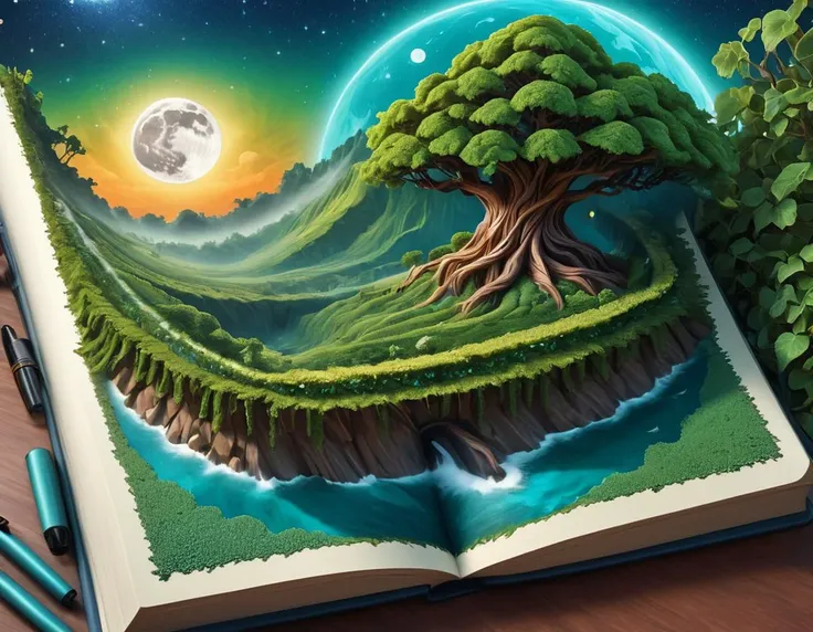 Abstract style (Digital Artwork:1.3) of (Detailed illustration:1.3) <lora:Book_FFusion:1> a book with a tree on it and a moon, fantasy book illustration, fantasy rpg book illustration, detailed book illustration, fantasy tree, 3 d epic illustrations, fantasy book, storybook art, artbook artwork, 4k detailed digital art, background artwork, detailed fantasy illustration, fantasy magical vegetation, fantasy highly detailed, whimsical fantasy landscape art, detailed fantasy digital art,CGSociety,ArtStation,(Abstract Art:1.3),(Surrealism Art:1.3),(Geometric Abstract Art:1.3),naturalism,land Art,regionalism,shutterstock contest winner,trending on unsplash,featured on Flickr . Non-representational, colors and shapes, expression of feelings, imaginative, highly detailed