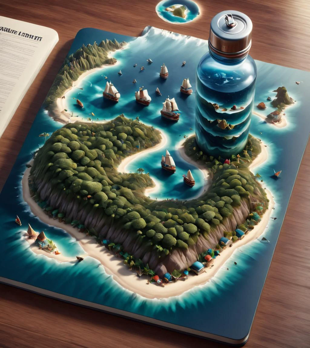 Surrealist art <lora:Book_FFusion:1> <lora:Book_FFusion_32:0.21> <lora:FF-Style-Dall-e-FFusion-Surrealism:0.3> 3d water bottle with island, 3 d epic illustrations, trend on behance 3 d art, trend on behance 3d art, 3 d illutration, isometric 3d fantasy island, 3d matte illustration, photorealistic illustration, highly detailed illustration, adventure hyper realistic render, an isometric fantasy map, hyperrealistic illustration, detailed digital 3d art . Dreamlike, mysterious, provocative, symbolic, intricate, detailed
