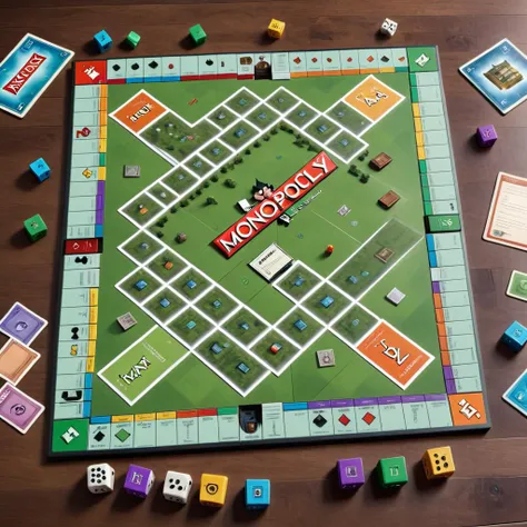 online game,text,A colorful, top-down view of a Monopoly-inspired computer game board. The interface includes vibrant property squares with animated buildings, chance and community chest cards, currency indicators, and player pieces moving around the board. Detailed icons and buttons for game actions adorn the edges of the screen, providing an interactive experience. The digital board is set against a patterned backdrop, suggesting a textured surface on which the game is played, complete with dice, game tokens, and property cards arranged neatly around the playing area, <lora:Book_FFusion:0.8> notebook, book