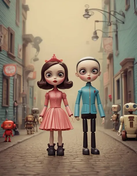 cinematic film still <lora:CivitAI_64_ALL:0.7> [X] Pop Art style  CivitAI Fusion Style,a girl and a robot standing next to each other, beeple and jeremiah ketner, love death robot, cute humanoid robot, robot girl, mark ryden style, little girl meets robot, adorable friendly robot, cute robot, woman and robot, by Jason Teraoka, mark ryden highly detailed, perfect android girl family, style of mark ryden . Bright colors, bold outlines, popular culture themes, ironic or kitsch . shallow depth of field, vignette, highly detailed, high budget, bokeh, cinemascope, moody, epic, gorgeous, film grain, grainy