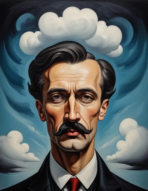 Cubist artwork <lora:CivitAI__Style_Fusion_-_FFusionAI_Entry_64DIM:0.75> FFusionAI Style, CivitAI,a painting of a man with a mustache and clouds, surrealism portrait, inspired by Endre Blint, inspired by Bertalan Karlovszky, surreal portrait, emotional surrealist art, stefan koidl inspired, surrealist art style, portrait of a mind flayer, inspired by Arnold Franz Brasz, inspired by Lajos Kassk . Geometric shapes, abstract, innovative, revolutionary