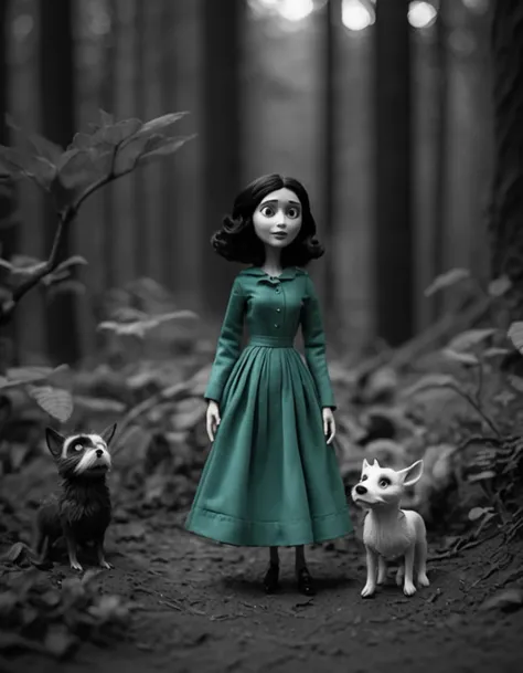 cinematic film still <lora:CivitAI_64_ALL:0.7> [X] Monochrome  CivitAI Fusion Style,a doll in a green dress standing in the woods, theother motherfromcoraline , as a claymation character, coraline, mahira khan as a dd wizard, still from animated horror movie, claymation character, brandon woelfel, realistic cosplay, photorealistic disney, still from alita, stop motion character . Black and white, contrast, tone, texture, detailed . shallow depth of field, vignette, highly detailed, high budget, bokeh, cinemascope, moody, epic, gorgeous, film grain, grainy