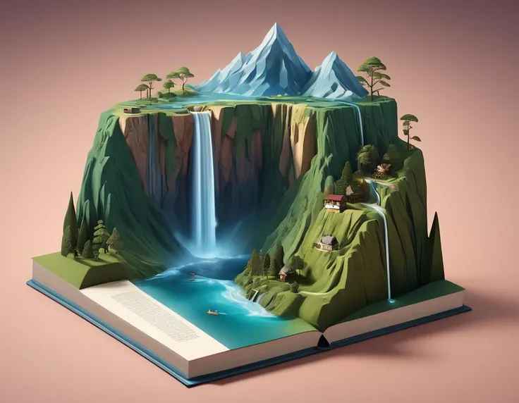 Abstract style (Digital Artwork:1.3) of (Simple illustration:1.3) <lora:Book_FFusion_32:0.6> 3d waterfalls and mountains in a book, 3 d epic illustrations, trend on behance 3 d art, trend on behance 3d art, 3 d illutration, detailed digital 3d art, realistic 3 d style, beautifully illustrated, intricate 3 d illustration, an exquisite 3 d map, 3d matte illustration, detailed book illustration,CGSociety,ArtStation,(Abstract Art:1.3),(Surrealism Art:1.3),(Geometric Abstract Art:1.3) . Non-representational, colors and shapes, expression of feelings, imaginative, highly detailed
