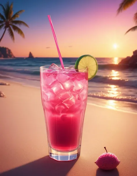 cinematic film still <lora:CivitAI__Style_Fusion_-_FFusionAI_Entry:0.8>  pink drink on the beach with sunset, ultra realistic 3d illustration, rendered illustration, by Igor Grabar, rendered, photorealistic illustration, in style of kyrill kotashev, red realistic 3 d render, 3 d render stylized, photorealistic octane 3d render, rendered art, stylized digital illustration, beach setting, 3 d render and matte painting . shallow depth of field, vignette, highly detailed, high budget, bokeh, cinemascope, moody, epic, gorgeous, film grain, grainy