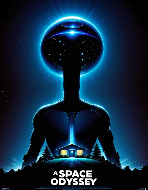 Advertising poster style <lora:CivitAI_64_ALL:0.8> CivitAI Fusion Style,a house with a blue light shining on it, by John Carpenter, 8 0s movie poster art, nostromo, space odyssey, inspired by John Carpenter, 80s poster, mothership, jen bartel, in style of 80s scifi art, 8 0s movie poster, 2001 a space odyssey . Professional, modern, product-focused, commercial, eye-catching, highly detailed