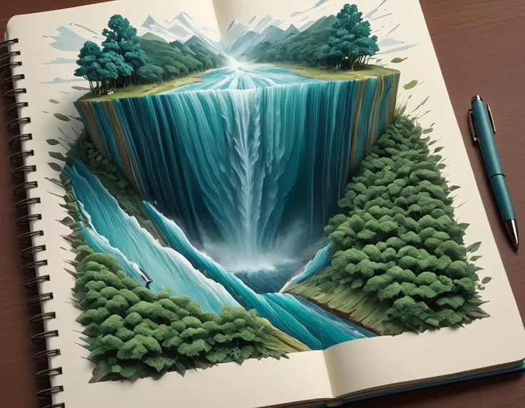 Abstract style (Digital Artwork:1.3) of (Rough sketch:1.3) <lora:Book_FFusion_32:1> a book with a waterfall and a pen, full page illustration, detailed book illustration, beautifully illustrated, very detailed illustration, highly detailed illustration, anamorphic illustration, detailed illustrations, editorial illustration, encyclopedia illustration, 3 d epic illustrations, high detailed illustration, beautiful detailed illustration, magazine illustrations, magazine illustration, hyperdetailed illustration, whole page illustration, incredible depth, amazing depth,CGSociety,ArtStation,(Abstract Art:1.3),(Surrealism Art:1.3),(Geometric Abstract Art:1.3),naturalism,land Art,regionalism,shutterstock contest winner,trending on unsplash,featured on Flickr . Non-representational, colors and shapes, expression of feelings, imaginative, highly detailed