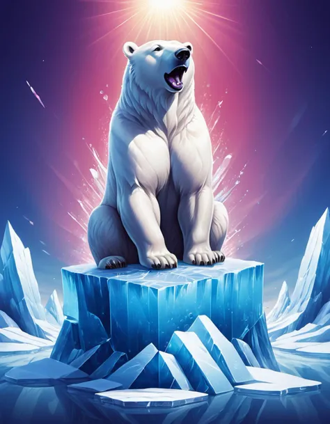 Pokémon style <lora:CivitAI__Style_Fusion_-_FFusionAI_Entry_64DIM:0.75> FFusionAI Style, CivitAI,polar bear on top of iceberg in the arctic ocean, polar bear, pillars of ice background, made of ice, sitting on ice throne, inspired by Cyril Rolando, in style of cyril rolando, iceberg, ice age, polar, icy, master of ice, 3 d epic illustrations, amazing wallpaper, trend on behance 3 d art . Vibrant, cute, anime, fantasy, reminiscent of Pokémon series