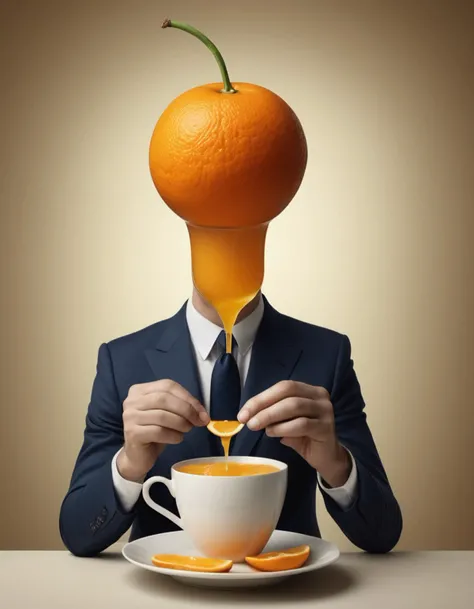 Surrealist art <lora:CivitAI__Style_Fusion_-_FFusionAI_Entry_64DIM:0.65> FFusionAI Style, CivitAI,a man in a suit is eating an orange from a cup, spilling juice, photography alexey gurylev, orange head, photography alexey kurylev, inspired by Darek Zabrocki, inspired by Mike Winkelmann, editorial photograph, photo manipulation, hugh kretschmer, by Etienne Delessert, photo  manipulation . Dreamlike, mysterious, provocative, symbolic, intricate, detailed