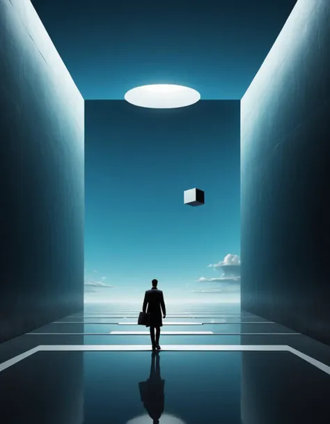 Minimalist style <lora:CivitAI__Style_Fusion_-_FFusionAI_Entry_64DIM:0.75> FFusionAI Style, CivitAI,a man is walking through a dark tunnel, surreal 3 d render, open portal to another dimension, cube portals, abstract surrealism, surrealism 8k, avantgarde 4k wallpaper, gateway to another dimension, portal to another dimension, surrealism background, 4 k surrealism, neosurrealism digital art, surreal digital art, surreal composition, retrofuturist liminal space . Simple, clean, uncluttered, modern, elegant