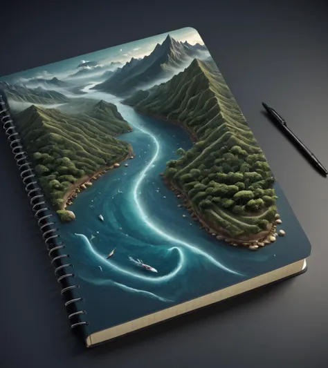 Surrealist art <lora:Book_FFusion_32:1> 3d notebook with river . Dreamlike, mysterious, provocative, symbolic, intricate, detailed