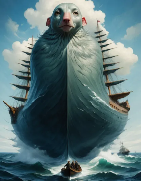 Nautical-themed <lora:CivitAI__Style_Fusion_-_FFusionAI_Entry_64DIM:1>, CivitAI Fusion Style, Printcore, Pre-raphaelitism, Monstrous 95 year old heavyset Dobby of [Bliss|Doom], Bald hair, Ruan Jia, Mythpunk, Sosaku Hanga . Sea, ocean, ships, maritime, beach, marine life, highly detailed