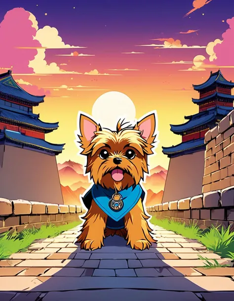 anime artwork <lora:CivitAI_64_ALL:0.6>, (by Hideyuki Kikuchi:0.9) and (Ryohei Fuke:1.1) , anime key visual, Lunarpunk, Yorkshire Terrier, Warlike, from inside of a [Cool|Dirty] Great Wall of China, Happy, short lighting, Oversaturated, CivitAI Fusion Style . anime style, key visual, vibrant, studio anime,  highly detailed