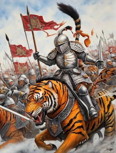 Intricate realistic high resolution painting of simple white background, grimdark, <lora:Oldhammer:1>, a knight in full plate armor and the helmet crest of a tiger upon his barded warhorse thrusting a lance into a horde of Chaos Marauders
, professional shadings and texturing, color blending