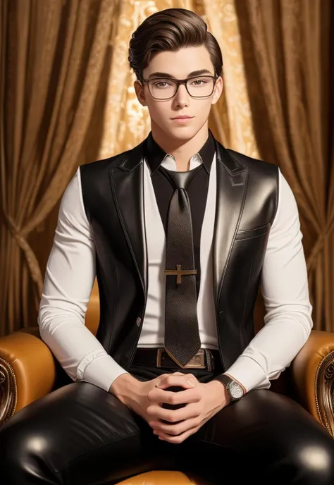 1boy, 16~20 years old, male focus, muscular male, nsfw, 3D, realistic, indoor, normal hue, central, golden ratio, sitting on the leather throne, sharp-featured body, tall, burly, highres, slender build, perfect anatomy, skin texture, thick dark buzzcut hair, see-through bangs, shallow eyebrow, symmetrical eyebrow, large bright eyes, symmetrical eyes, square gold-rimmed glasses, big straight nose, closed mouth, broad shoulders, noble attire, bdominal stretch, tight-fitting, stand-up collared white shirt, leather armbands, brooch, necktie, tie clip, vest, open dark leather jacket, leather gloves, black trousers, leather belt, spreading long thin legs, <lora:OnlyCocks_v1.0:0.5>, large erect penis over 10 inches length and 3 inches width, erection, large scrotum with testicles, masturbation, high-heeled leather boots, soft smile, handsome, powerful, from front, looking ahead at viewer, day, masterpiece, best quality, hyper-detailed, intricate detail, professional photography, matte, bright, the most beautiful ever seen, post processing, dreamatic lighting, ambient lighting, epic composition, ultrawide shot, uplight, raytracing reflections, depth of field, gorgeous background <lora:9.1.TearsofThemisMariusvonHagen_v1.0:0.5>