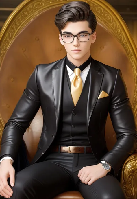 1boy, 16~20 years old, male focus, muscular male, nsfw, 3D, realistic, indoor, normal hue, central, golden ratio, sitting on the leather throne, sharp-featured body, tall, burly, highres, slender build, perfect anatomy, skin texture, thick dark buzzcut hair, see-through bangs, shallow eyebrow, symmetrical eyebrow, large bright eyes, symmetrical eyes, square gold-rimmed glasses, big straight nose, closed mouth, broad shoulders, noble attire, bdominal stretch, tight-fitting, stand-up collared white shirt, leather armbands, brooch, necktie, tie clip, vest, open dark leather jacket, leather gloves, black trousers, leather belt, spreading long thin legs, <lora:OnlyCocks_v1.0:0.5>, large erect penis over 10 inches length and 3 inches width, erection, large scrotum with testicles, masturbation, high-heeled leather boots, soft smile, handsome, powerful, from front, looking ahead at viewer, day, masterpiece, best quality, hyper-detailed, intricate detail, professional photography, matte, bright, the most beautiful ever seen, post processing, dreamatic lighting, ambient lighting, epic composition, ultrawide shot, uplight, raytracing reflections, depth of field, gorgeous background <lora:9.1.TearsofThemisMariusvonHagen_v1.0:0.5>