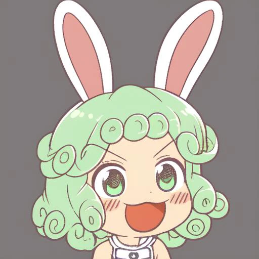 <lora:Ikiyouz-NAI-LyCORIS-512px:0.6>
1girl, solo, simple_background, chibi, \:\D, \:\3, v\-shaped_eyebrows, light green eyes, (white)(short)(curly) hair,
rabbit ears,