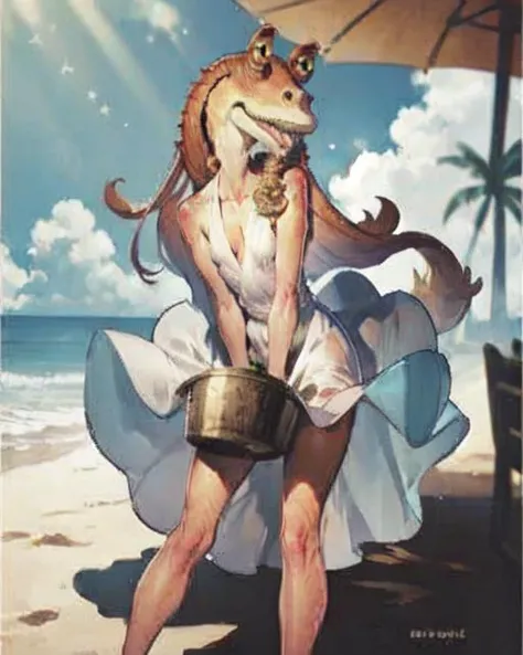 1girl, marilyntug, jar jar binks, blonde_hair, white dress, solo, curly hair, embarrassed, blush, red lips, <lora:ConceptMarilynMonroeDressTug_v10:1> <lora:jarJarBinksGunganStar_v3:0.6>, beach, snazzy