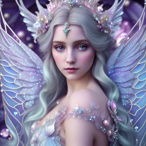 masterpiece, A photograph of  dress transparent, gem, details, art nouveau octane render, detailed scene, magical items, highly detailed scen, Princess girl with wing, Blue, Pastel, glitter, dramatic, dreamy, pastel, Watercolor, Whimsical, Delicate, seashell crown <lora:ornate:2.9>