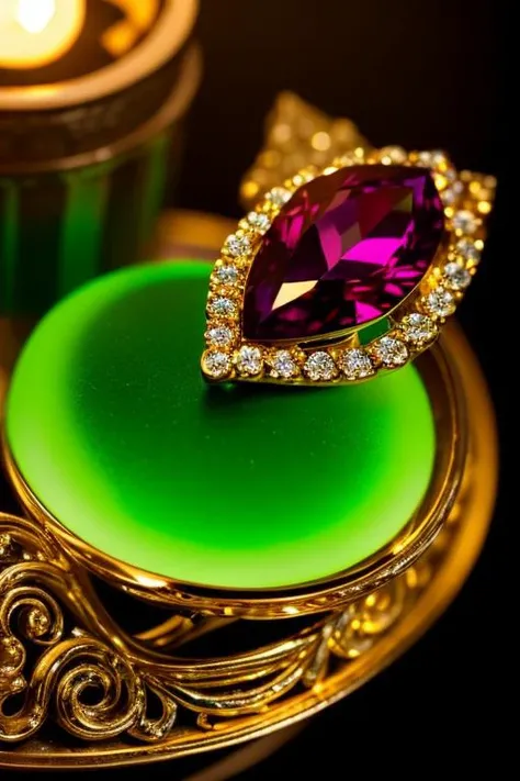 an concept art of alchemic element - Green Garnet (Tsavorite): A vivid green gem with exceptional brilliance and sparkle. The subject stands proudly as the center of attention, bathed in the tender glow. The light plays with shadows, creating a dance of artistry on its surface, emphasizing even the tiniest nuances that make it unique. A halo of brilliance surrounds the subject, enhancing its elegance and evoking a sense of wonder and mystery., on table, rim lights, digital art, focus on subject, duch angle, clsoe shot, closeup, focus on material and structure, masterpiece, ultrasharp, intricated details