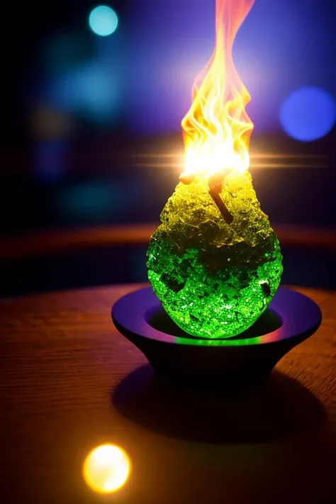 an concept art of alchemic element - Moldavite: A green gem formed from a meteorite impact, known for its unique tektite shape and energy. In this enchanting scene, the camera floats gracefully just inches away from the subject, immersing us in a world of intricate details and captivating magic. The soft glow of a mystical light source casts a mesmerizing aura, gently caressing every curve and edge, illuminating the scene with an ethereal radiance., on table, rim lights, digital art, focus on subject, duch angle, clsoe shot, closeup, focus on material and structure, masterpiece, ultrasharp, intricated details
