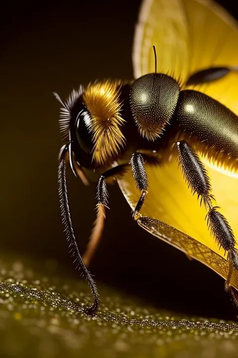 an concept art of alchemic element - Great Golden Digger Wasp (Sphex ichneumoneus): The Great Golden Digger Wasp is a large wasp with a length of about 12 to 19 millimeters (0.5 to 0.7 inches). It has a black body with bright orange or yellow markings on its abdomen. The subject stands proudly as the center of attention, bathed in the tender glow. The light plays with shadows, creating a dance of artistry on its surface, emphasizing even the tiniest nuances that make it unique. A halo of brilliance surrounds the subject, enhancing its elegance and evoking a sense of wonder and mystery., on table, rim lights, digital art, focus on subject, duch angle, clsoe shot, closeup, focus on material and structure, masterpiece, ultrasharp, intricated details