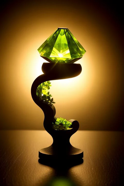 an concept art of alchemic element - Peridot: A gemstone with olive-green hues, often associated with renewal and healing. The subject stands proudly as the center of attention, bathed in the tender glow. The light plays with shadows, creating a dance of artistry on its surface, emphasizing even the tiniest nuances that make it unique. A halo of brilliance surrounds the subject, enhancing its elegance and evoking a sense of wonder and mystery., on table, rim lights, digital art, focus on subject, duch angle, clsoe shot, closeup, focus on material and structure, masterpiece, ultrasharp, intricated details