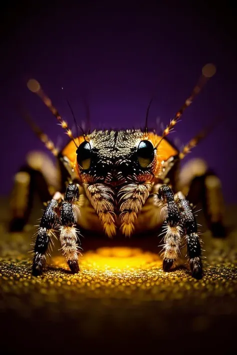 an concept art of alchemic element - Jumping Spider (Salticidae family): Jumping spiders are small to medium-sized spiders known for their excellent vision and jumping abilities. They have compact bodies and eight eyes, with two large ones facing forward. In this enchanting scene, the camera floats gracefully just inches away from the subject, immersing us in a world of intricate details and captivating magic. The soft glow of a mystical light source casts a mesmerizing aura, gently caressing every curve and edge, illuminating the scene with an ethereal radiance., on table, rim lights, digital art, focus on subject, duch angle, clsoe shot, closeup, focus on material and structure, masterpiece, ultrasharp, intricated details