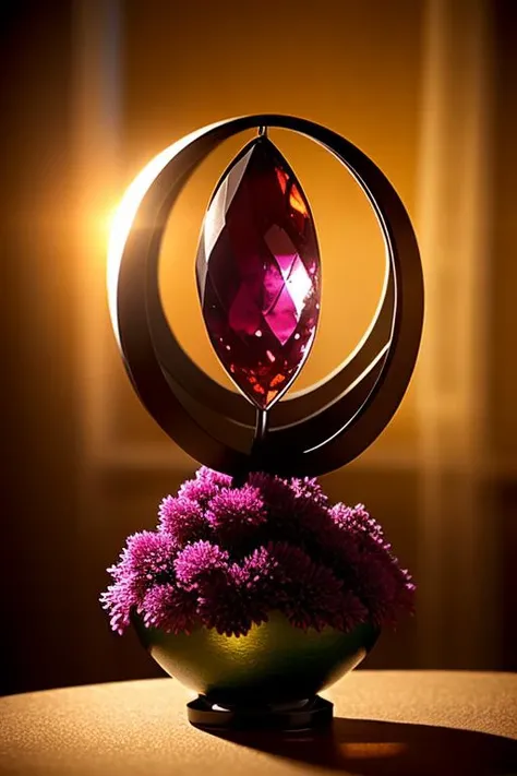 an concept art of alchemic element - Rhodolite Garnet: A pink to reddish-purple gemstone, displaying a lovely hue reminiscent of rhododendron flowers. The subject stands proudly as the center of attention, bathed in the tender glow. The light plays with shadows, creating a dance of artistry on its surface, emphasizing even the tiniest nuances that make it unique. A halo of brilliance surrounds the subject, enhancing its elegance and evoking a sense of wonder and mystery., on table, rim lights, digital art, focus on subject, duch angle, clsoe shot, closeup, focus on material and structure, masterpiece, ultrasharp, intricated details