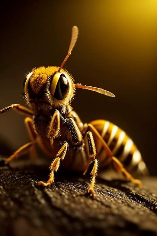 an concept art of alchemic element - European Paper Wasp (Polistes dominula): The European Paper Wasp is a medium-sized wasp with a length of about 12 to 15 millimeters (0.5 to 0.6 inches). It has a black body with distinctive yellow markings on its head and thorax. As the magical light cascades over the scene, it accentuates the scene's enchantment, instilling a sense of awe and delight. Every detail sparkles with a touch of the extraordinary, while the background fades into an alluring blur, focusing our gaze solely on the captivating subject., on table, rim lights, digital art, focus on subject, duch angle, clsoe shot, closeup, focus on material and structure, masterpiece, ultrasharp, intricated details