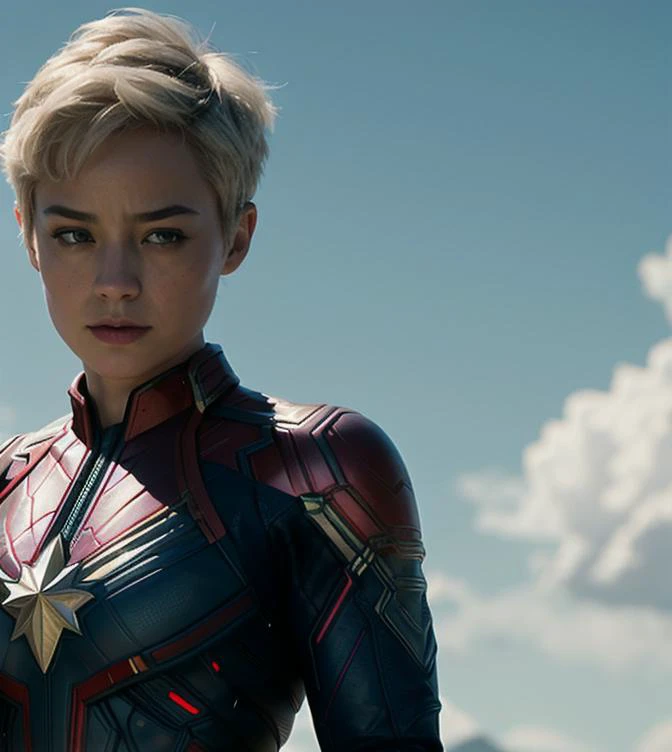 full body shot of kathwin:1,side lighting,(short pixie hair:1.3),rim lighting on hair, shallow sharp depth of field, feminine heroic,(curvy:1.4), (highly detailed), (Award winning), (Masterpiece), movie still, (HDR), (8k wallpaper),captain marvel suit,flying,sky background,female focus