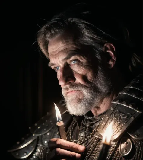 (Highest quality:1.3), cinematic shot, masterpiece, (sharp focus:1.5), (photorealistic:1.3), medium portrait of (a weary-looking but still proud and fierce-looking old Viking warrior, now the leader of his village, dressed in elaborately detailed chain mail and leather armour, a few torches burn on the walls, giving the scene a dark atmosphere but sculpting the forms in sharp chiaroscuro), it is night time, (highly detailed skin), (detailed face), detailed background, dark lighting, twilight lighting, volumetric lighting, intricate details, UHD, <lora:epiNoiseoffset_v2:1.5>