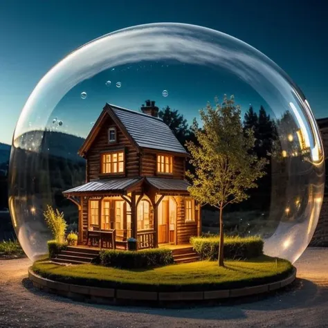 mini house, landscape, old fashion, nature, night light, a bubble, in the bubble, high detailed, masterpiece, best quality, <lora:Bubble_Sora:0.4>, (masterpiece,best quality:1.5)