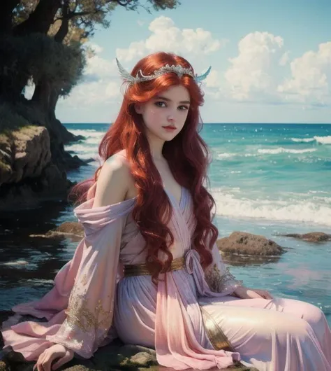 Ariel,mermaid girl with tail, Red hair, Pastel, glitter, dramatic, dreamy, pastel, Watercolor, Whimsical, Delicate, seashell crown, Trending on Artstation, Highly detailed, Intricate, Portrait, Fantasy theme, Fantasy robes, Fantasy concept art, Fantasy character art, Smug, Teenage girl, perfect body, full body,(Classical Realism:1.3),(80s Art:1.3), naturalism,land Art,regionalism,shutterstock contest winner,trending on unsplash,featured on Flickr