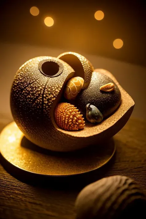 an concept art of alchemic element - Turritella Agate: A gemstone with fossilized snail or shell inclusions, creating a unique and earthy appearance. This scene, with its magical lighting and exquisite focus on intricate details, will leave viewers spellbound, transporting them to a world of enchantment and beauty, regardless of the object it embraces., on table, rim lights, digital art, focus on subject, duch angle, clsoe shot, closeup, focus on material and structure, masterpiece, ultrasharp, intricated details