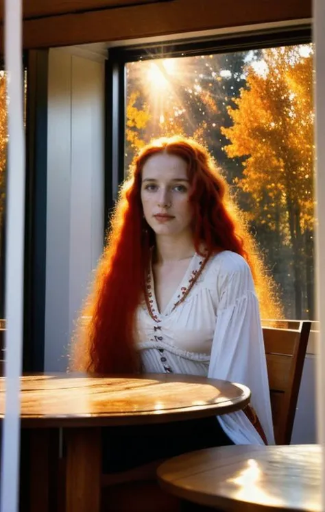 ((analog photo:1.2),((dynamic pose:1.2),(dynamic camera),(27 yo Ashkenazi Ukrainian woman with long red hair sitting at a table, a character portrait by Ignat Bednarik, deviantart, neo-romanticism,  beautiful portrait, ukrainian girl,russian village,wooden house,(sunrays,sunset,sky clouds hdr:1.1))),(midnight hour, high quality, film grain ISO 400), (natural colors, correct white balance, color correction, dehaze,clarity), ,(skin texture)Slightly surreal photo) of a (BREAK[creative consciousness window display], (profound psychological meaning)BREAK ([esoteric sexual features]), ([American Fall Autumn])BREAK [expert display  lighting], [wide angle lens medium format camera] <lora:BetterHands:1> <lora:HDhelper:0.5>