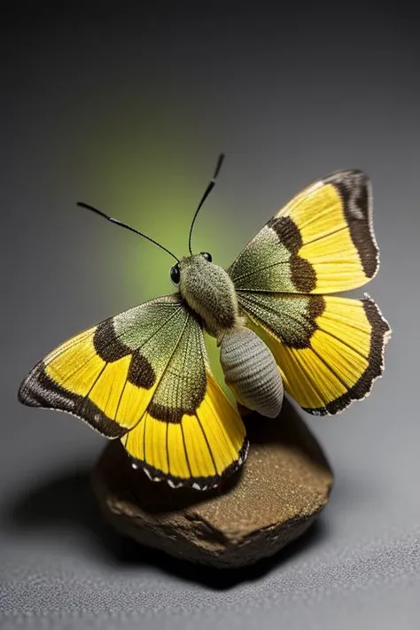 an concept art of alchemic element - Carolina Sphinx Moth (Manduca sexta): The Carolina Sphinx Moth is a medium to large-sized moth with a wingspan of about 7.5 to 13 centimeters (3 to 5.1 inches). Its wings are gray-brown with pinkish patches. The subject stands proudly as the center of attention, bathed in the tender glow. The light plays with shadows, creating a dance of artistry on its surface, emphasizing even the tiniest nuances that make it unique. A halo of brilliance surrounds the subject, enhancing its elegance and evoking a sense of wonder and mystery., on table, rim lights, digital art, focus on subject, duch angle, clsoe shot, closeup, focus on material and structure, masterpiece, ultrasharp, intricated details
