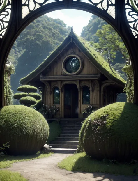 (Cinematic Photo:1.3) of (Ultrarealistic:1.3),(Grim:1.3) Masterpiece, best quality, (very detailed CG unity 8k wallpaper), (best quality), (best illustration), (best shadow), round radish hut covered with moss, octane rendering, ray tracing, very detailed,Highly Detailed,(Art Nouveau:1.3),(Fujifilm Superia:1.3),naturalism