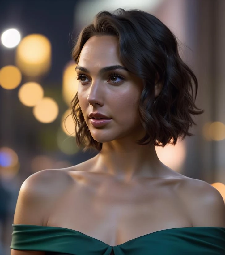 (best-quality:0.8), (best-quality:0.8), perfect, extreme closeup portrait of a pretty woman walking through the city, sharp, photo looking at viewer, night, night sky, ocean, outdoors, plant, short hair, star (sky), starry sky, strapless, bangs, moon, medium breasts, water, medium hair, off-shoulder dress, off shoulder,photo of (gal gadot) Realistic, photorealistist, HD,,epic hyperrealistic, matte texture green skin, pores, wrinkles,