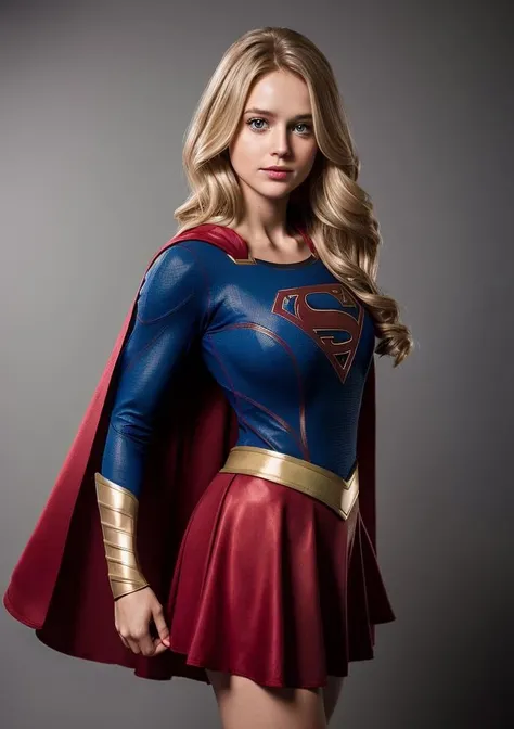 supergirl, costume, hero, skirt, cape red, hair blonde (RAW Photo, cg unity, photography,