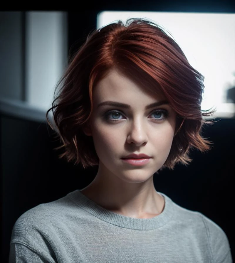 photo of 1girl person, young:1.3 , hair red short bob, photo,8k,sharp focus, face beautiful, Best quality, masterpiece, ultra high res, (photorealistic:1.4), raw photo, cinematic lighting, pullover shirt blue