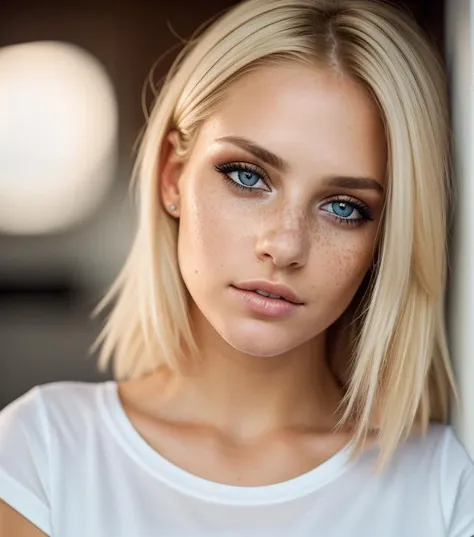 photo,8k,sharp focus,beautiful woman,close up,t-shirt,(detailed eyes:0.8),(looking at the camera:1.4),(highest quality),(best eyeshadow),brown eyes,rim lighting,two tone lighting,dimly lit,low key,intricate details,interior, blonde hair:1.3,freckles