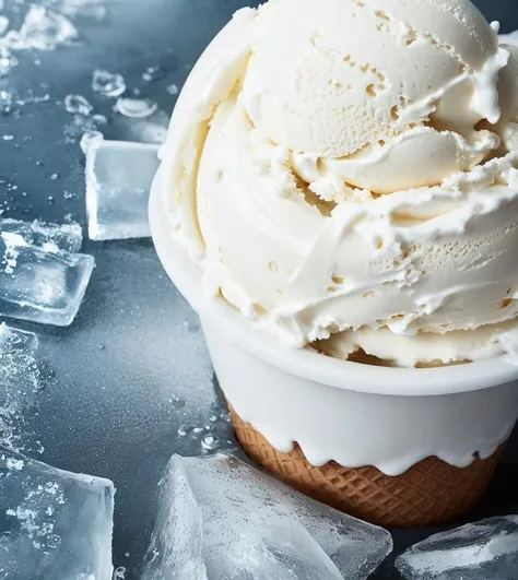 ice cream,, merging, melting, splashing, droplets, mixing, fading away,