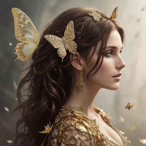 8k portrait of beautiful cyborg with brown hair, intricate, elegant, highly detailed, majestic, digital photography, art by artgerm and ruan jia and greg rutkowski surreal painting gold butterfly filigree, broken glass, (masterpiece, sidelighting, finely detailed beautiful eyes: 1.2), hdr